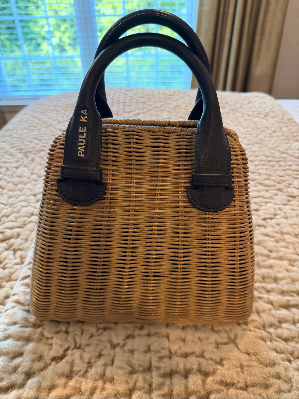 Paule Ka Brown Wicker Top-Handle Bag with Black Leather Handles